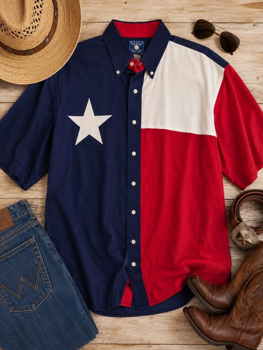Texas Cotton Vtg Texas Flag Button Red White Blue S Sleeve Cotton Shirt. Mens L